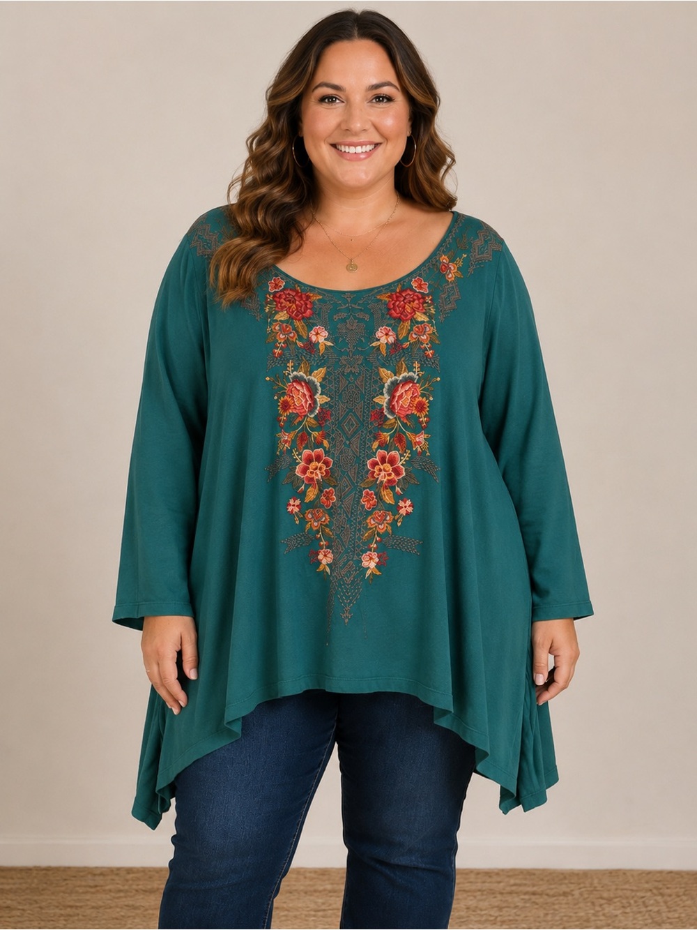 Johnny Was Green Embroidered Floral Scoop-Neck Tunic